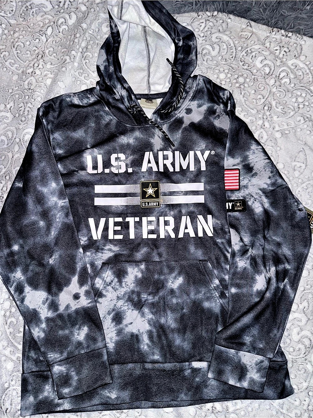 U.S. Army Veteran Tie Dye Pullover Hoodie Black Gray Large
